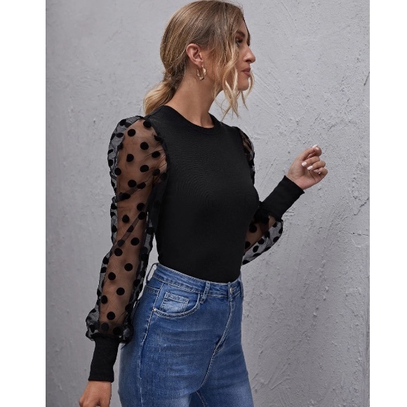 🌵 Classic Long Sleeve Sheer Spot Fitted Top - Picture 3 of 5
